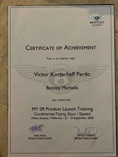 Certificate of Achievement Training Bentley Continental Flying Spur - Speed at Millbrook (23-24 September 2008)